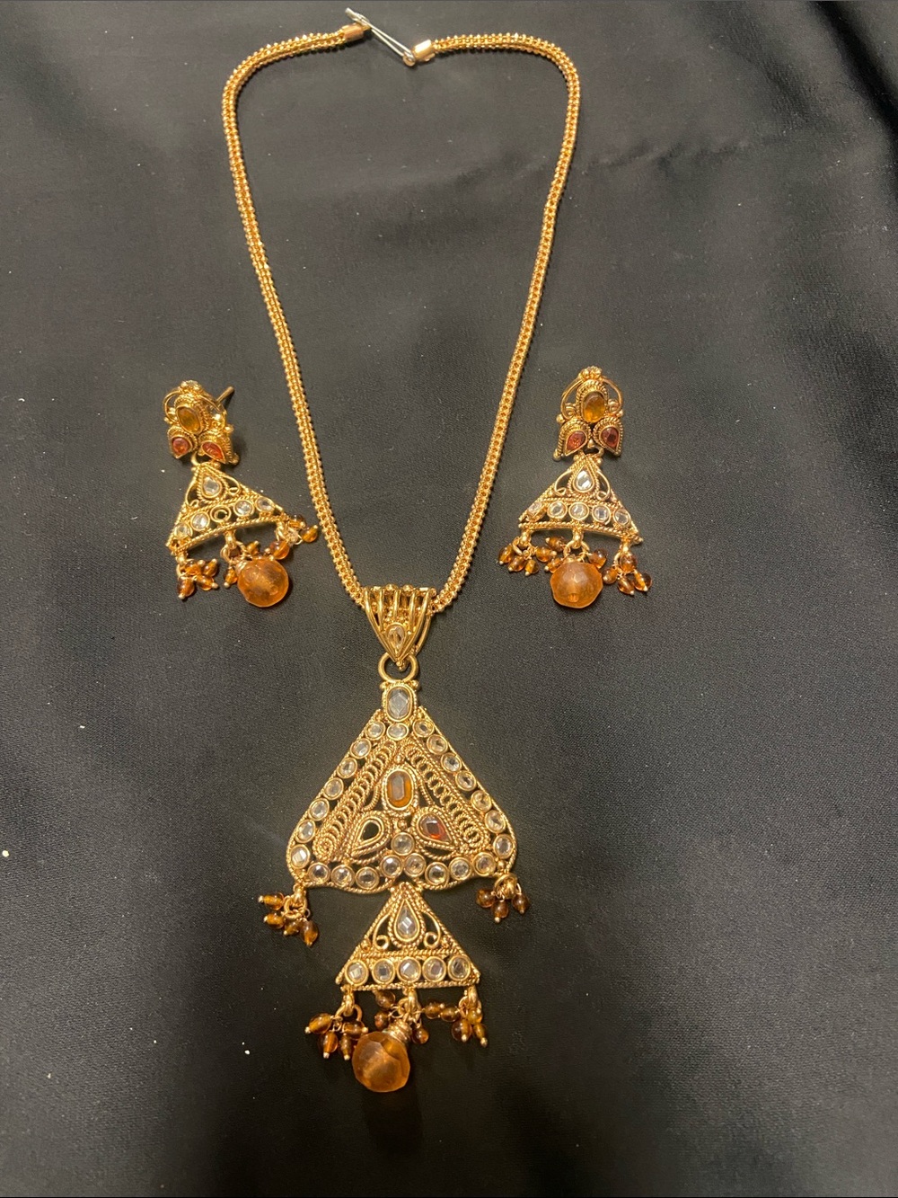 Gold-Tone Filigree Triangle Pendant Necklace with Matching Earrings - Gold